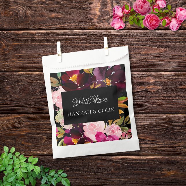 Sacolinha Moldura Floral Rosa-Rosa-Borgonha Preta Elegante (Criador carregado)