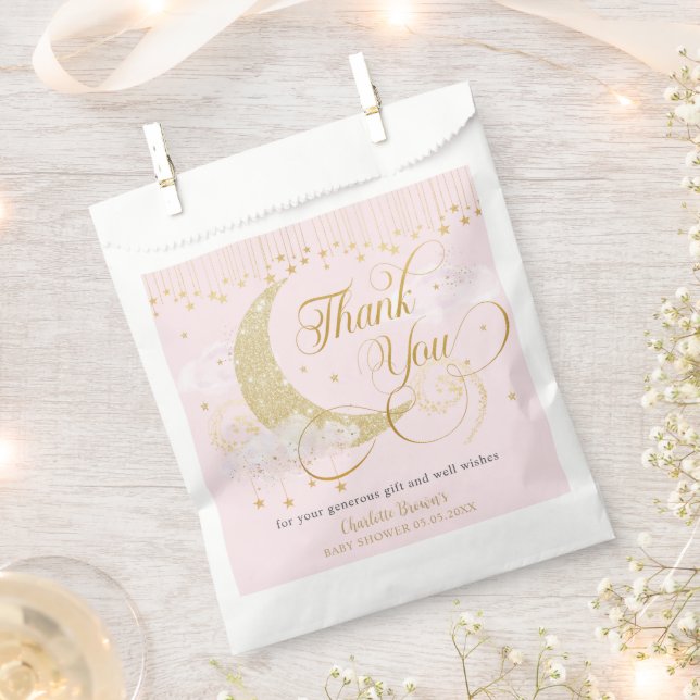 Sacolinha Moon and Stars Pastel Pink Baby Shower Thank You (Cortado)