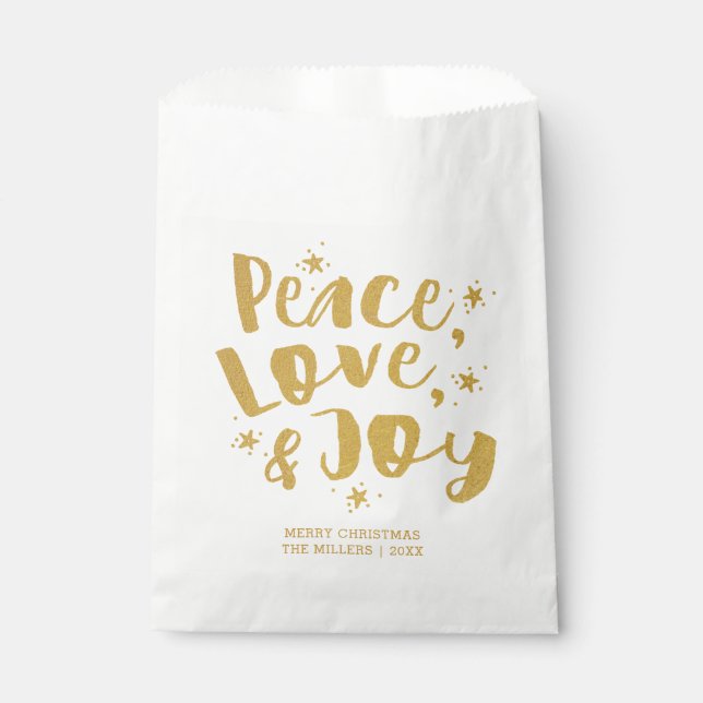 Sacolinha Natal de Natal Rustic Dourado Peace Love & Joy (Frente)