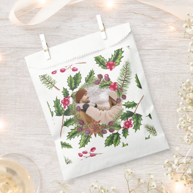 Sacolinha Natal Holly Wreath Foto Personalizada (Cortado)