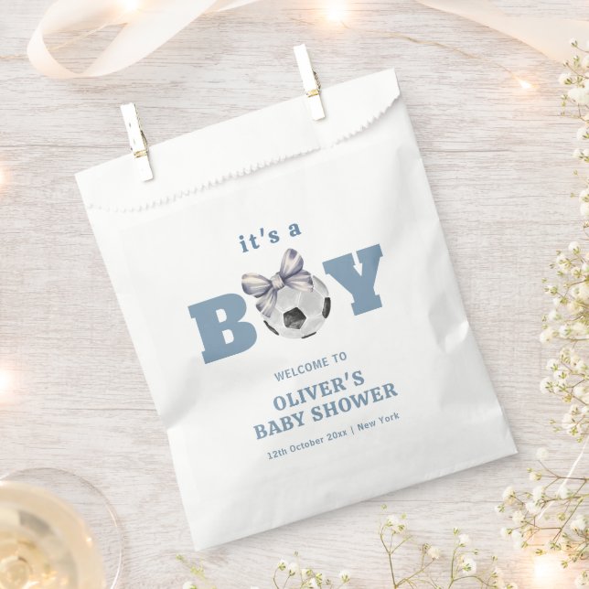 Sacolinha Navy Blue Cute Bow Soccer Boy Baby Shower Welcome (Cortado)