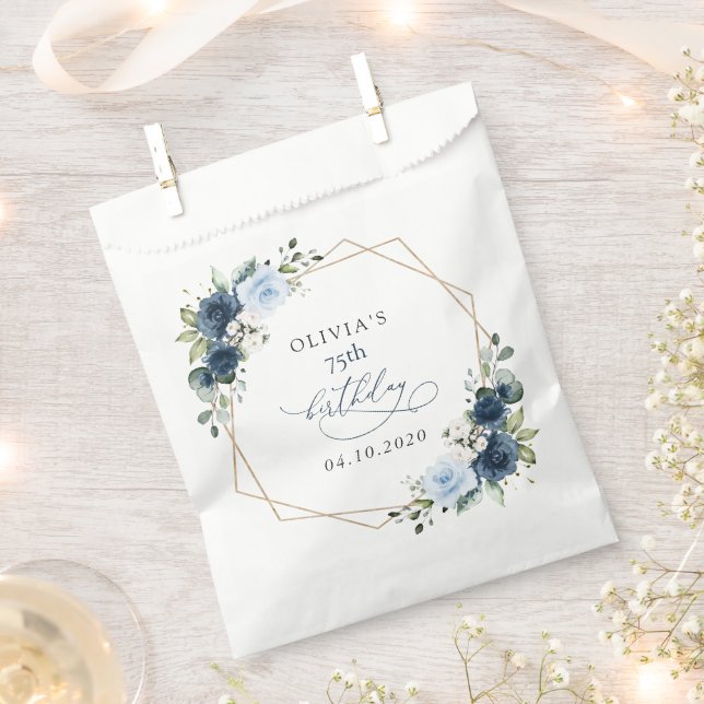 Sacolinha Navy Flowers, Blue Flowers, Greenery, Birthday (Cortado)