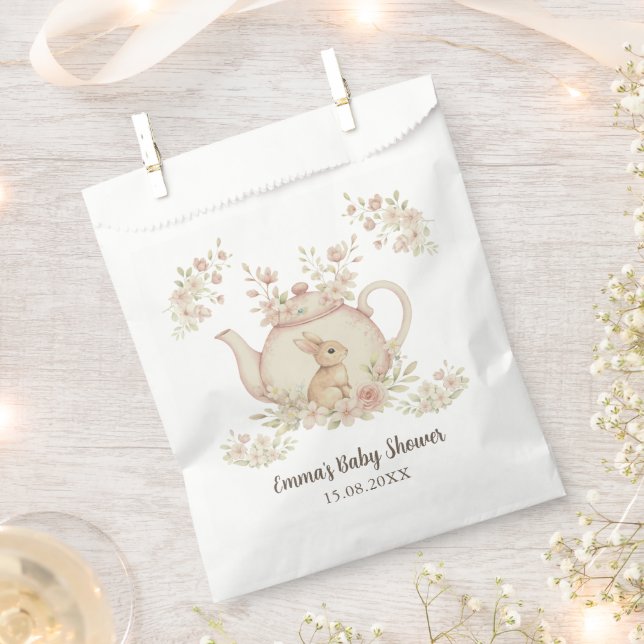 Sacolinha Neutral Bunny & Floral Teapot Baby Shower  (Cortado)