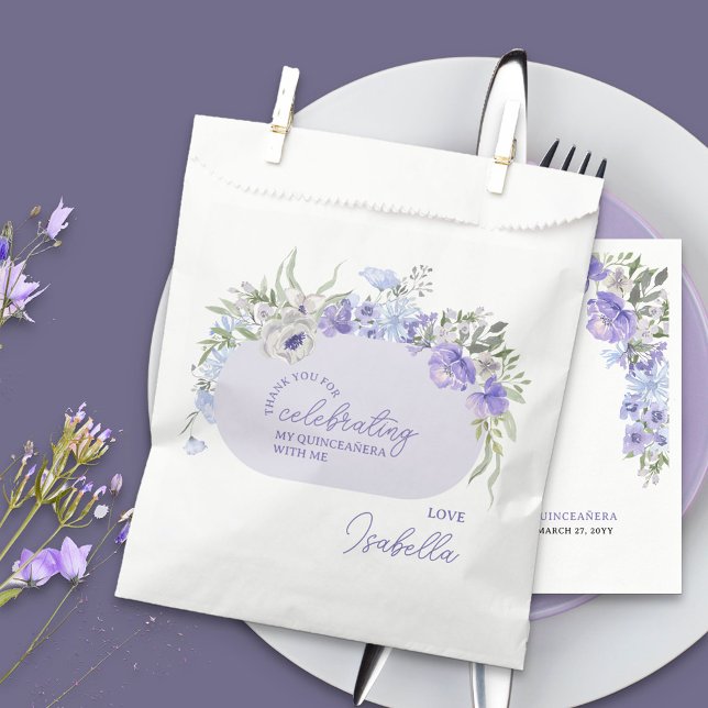 Sacolinha Obrigado por Celebrar Purple Peri Floral (Thank you for celebrating, personalized favor bags with purple floral design)