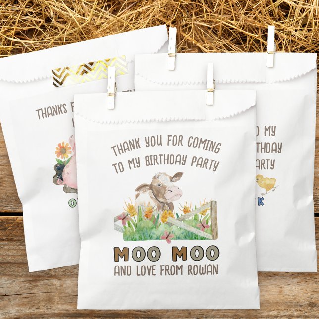 Sacolinha Obrigado por vir o tema da Fazenda Moo Moo Moo Moo (Farm theme birthday party favor bags inspired by old macdonald nursery rhyme
)
