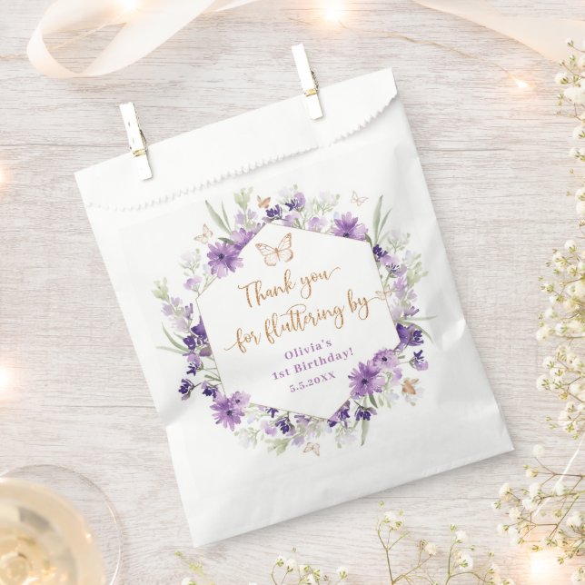 Sacolinha Obrigados de borboletas roxas de flores silvestres (Cortado)