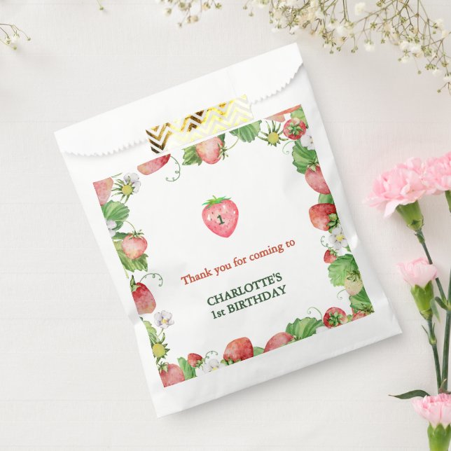 Sacolinha obrigados de primeiro aniversário de morango neutr (Selado)