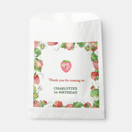 Sacolinha obrigados de primeiro aniversário de morango neutr