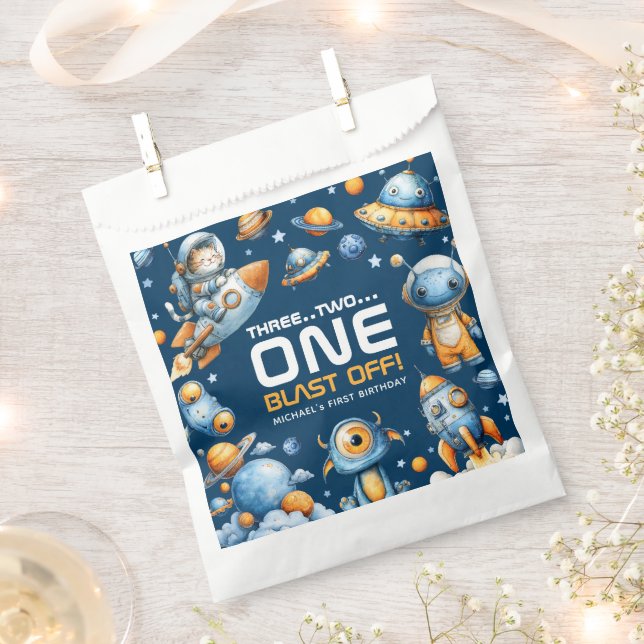 Sacolinha Outer Space Astronaut Cat  Blast Off 1st Birthday  (Cortado)