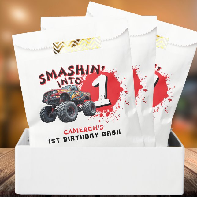 Sacolinha Partido do primeiro aniversario do Monster Truck S (Monster Truck Smash 1st Birthday Party Favor Bag
)