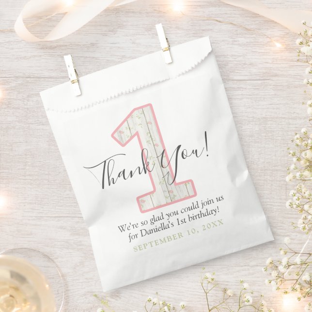 Sacolinha Partido Floral Rosa-Rosa-Chique primeiro aniversar (Cortado)