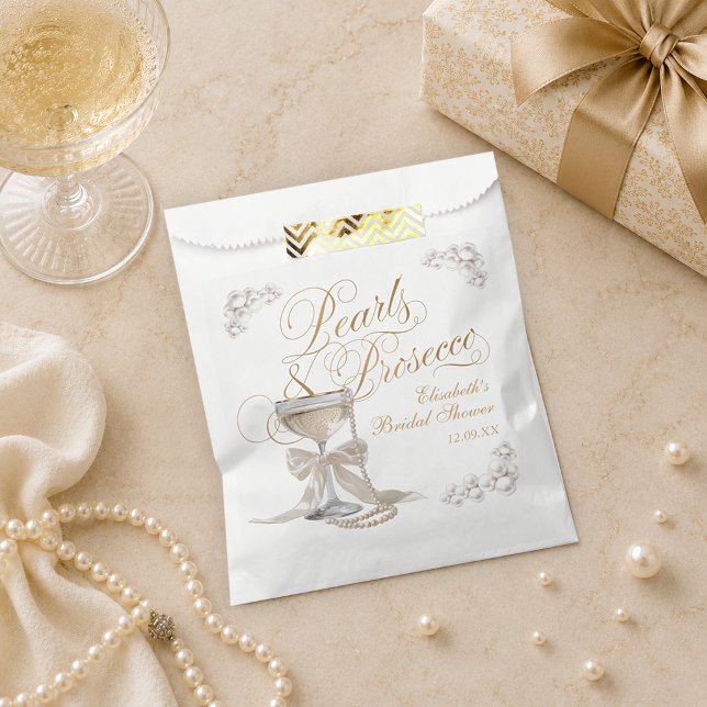 Sacolinha Pérolas e Prosecco Laço Branco Chá de Noiva (Pearls and Prosecco White Bow Bridal Shower Favor Bag)