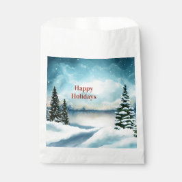 Sacolinha Pinheiros nevados perto de um lago