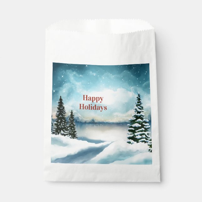 Sacolinha Pinheiros nevados perto de um lago (Frente)