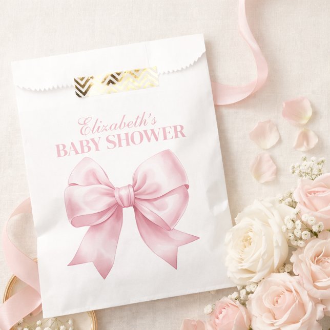 Sacolinha Pink Bow Baby Girl Elegant Baby Shower (Pink Bow Baby Girl Elegant Baby Shower Favor Bag)