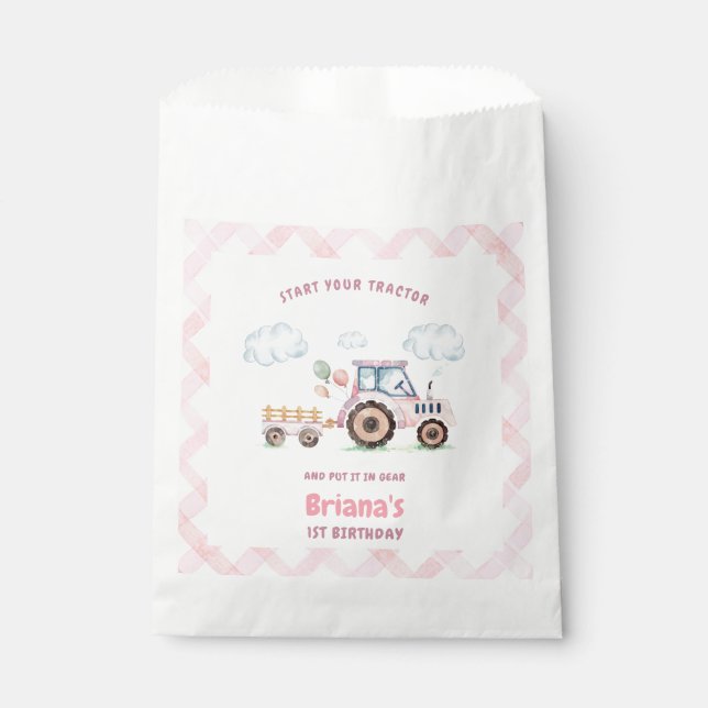 Sacolinha Pink Farm Tractor Girl Any Age Birthday (Frente)
