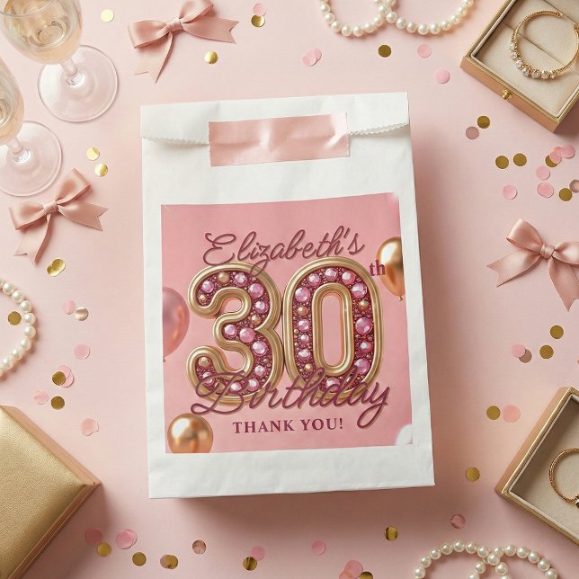Sacolinha Pink Rose Gold Glam 30th Birthday Party Thank You (Criador carregado)