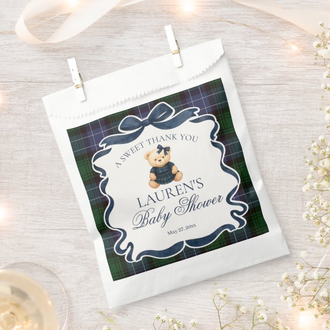 Sacolinha Preppy Coquette Bow Bear Plaid Baby Shower Dessert (Cortado)