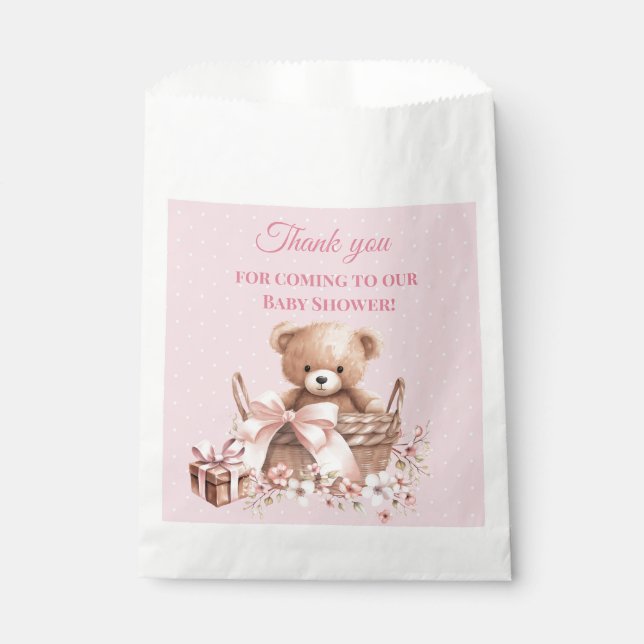 Sacolinha Pretty Pastel Pink Teddy Bear Baby Shower  (Frente)