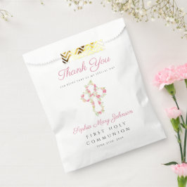 Sacolinha Primeira Comunhão da Cruz Floral Rosa Elegante