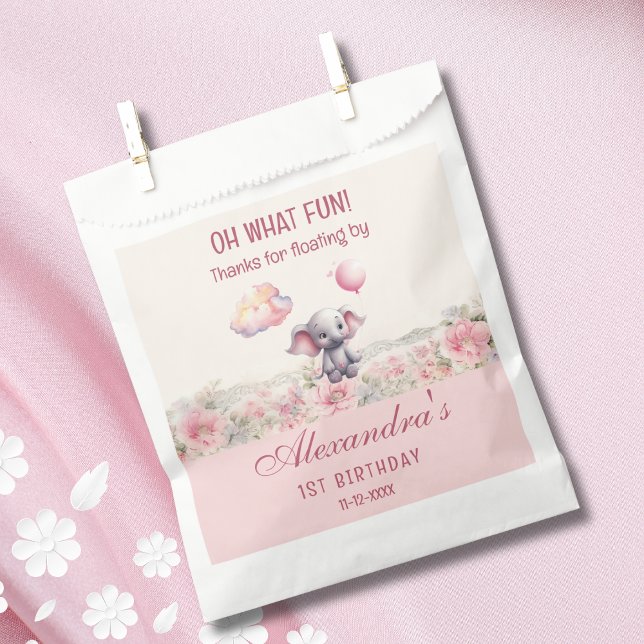 Sacolinha Primeiro aniversario de Bebê Rosa-Rosa-Elefante (Criador carregado)