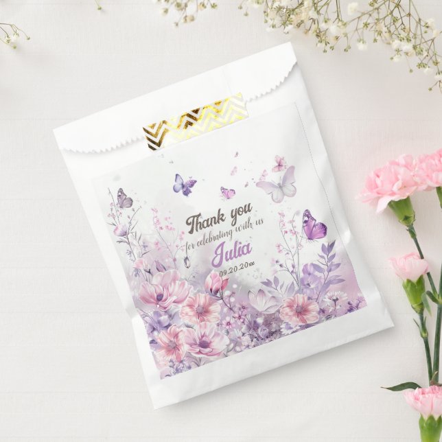 Sacolinha Primeiro aniversario de borboletas de flores silve (Selado)