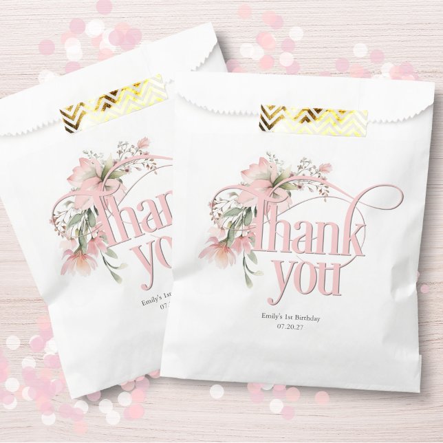 Sacolinha primeiro aniversario de flor selvagem maravilhosa (Pink elegant, little miss onederful, 1st birthday thank you favor bags.)