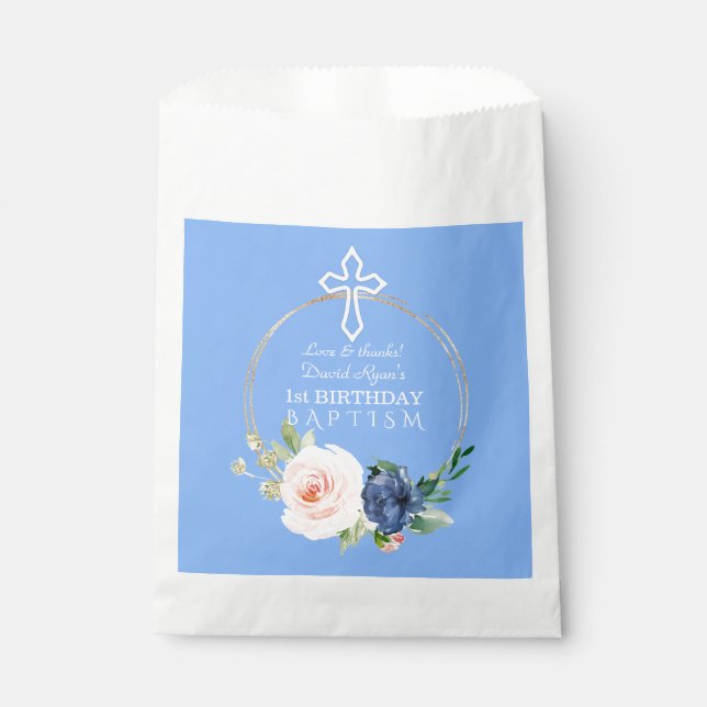 Sacolinha Primeiro aniversario e batismo azul-azul-claro de  (Frente)