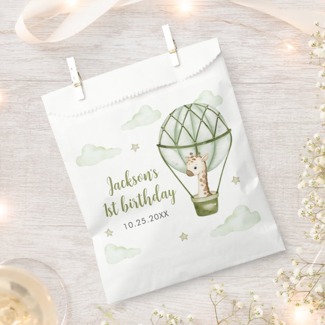 Sacolinha Primeiro aniversario Giraffe Hot Air Balloon Green (Cortado)