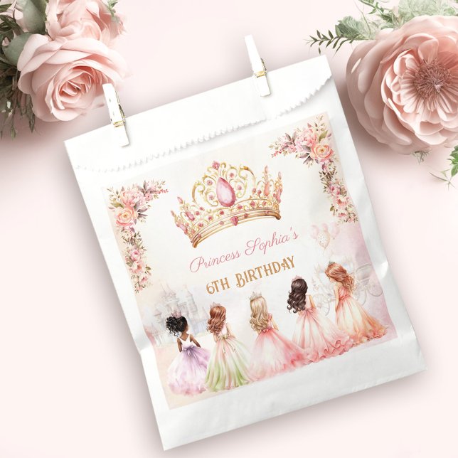 Sacolinha Princesa Coroa Rosa Dourada Garota Floral Aniversá (Princess Crown Pink Gold Floral Girl Birthday Favor Bag)