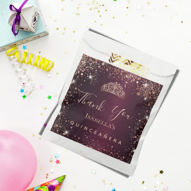 Sacolinha Quinceanera burgundy rosa gold tiara obrigado (Criador carregado)