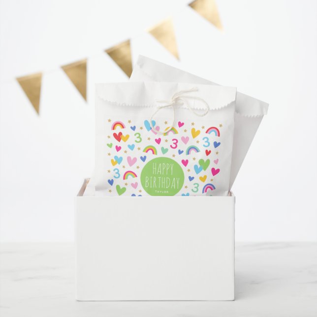Sacolinha Rainbow Hearts aniversário de 3 anos Party Name Gr (Festa)