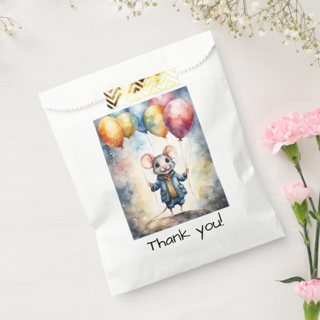Sacolinha Rato bonito com balões coloridos, Aniversário pers (Selado)
