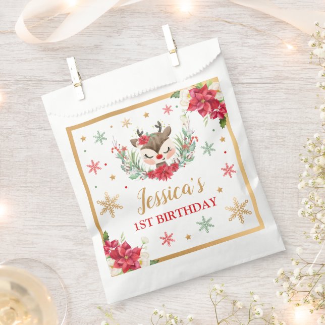 Sacolinha Reindeer primeiro aniversario de Natal Red Winter  (Cortado)