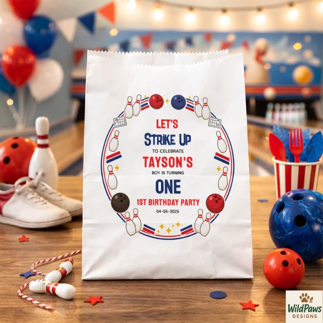 Sacolinha Retro Bowling 1st Birthday Party – Fun Kids  (Retro Bowling 1st Birthday Party – Fun Kids Favor Bag
)