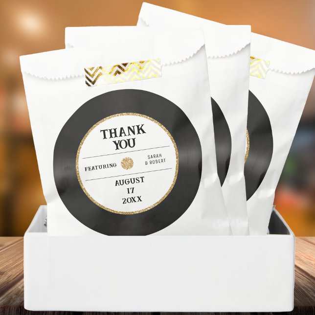 Sacolinha Retrô Dourado Registro de Vinil Glitter Obrigado C (Retro Gold Glitter Vinyl Record Thank You Wedding Favor Bag
)