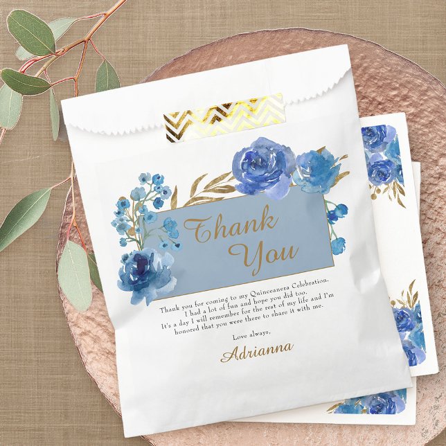 Sacolinha Rosa Azul e Folha Dourada Obrigado Festa (Blue roses favor bags from my Rose and Gold Leaf quinceanera collection)