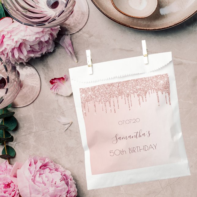 Sacolinha rosa de festa de aniversário de dobra dourada rosa (Criador carregado)