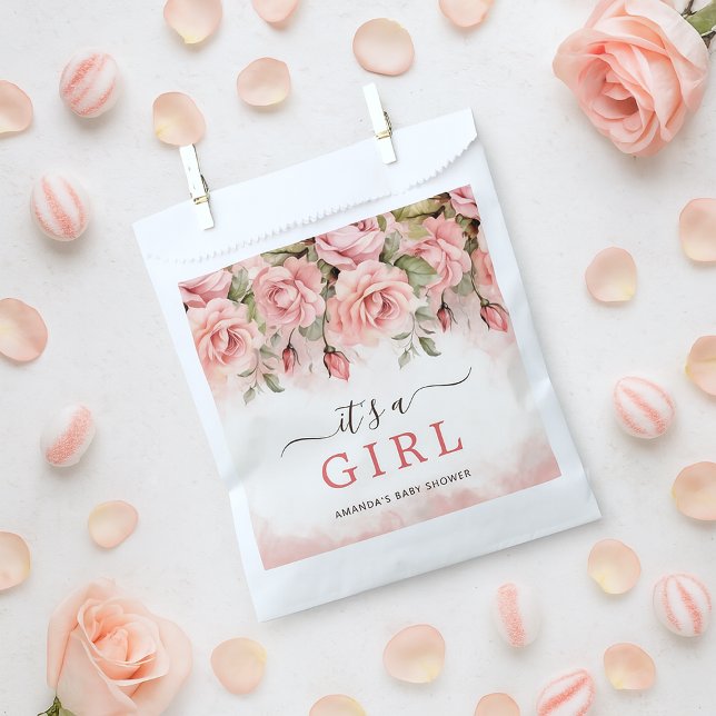 Sacolinha Rosa de Lâmpada Aquarela É um Chá de fraldas (Blush Rose Watercolor It's a Girl Baby Shower Favor Bag)