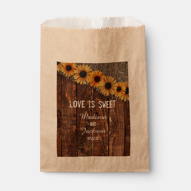 Sacolinha Rústica Madeira Burlap Sunflower Weding Love é Swe (Frente)