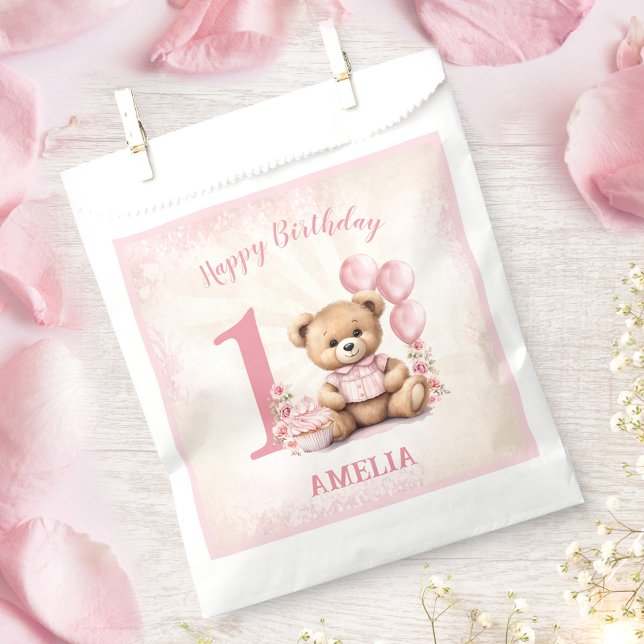 Sacolinha Saco de Favor do Urso de Teddy Rosa-primeiro anive (1st Birthday Pink Teddy Bear Favor Bag)