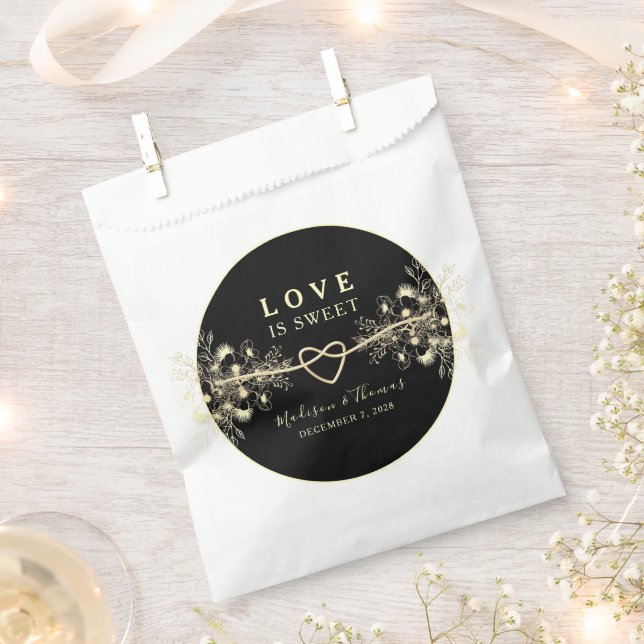 Sacolinha Saco de Favor Preto Dourado Amor é Doce (Cortado)