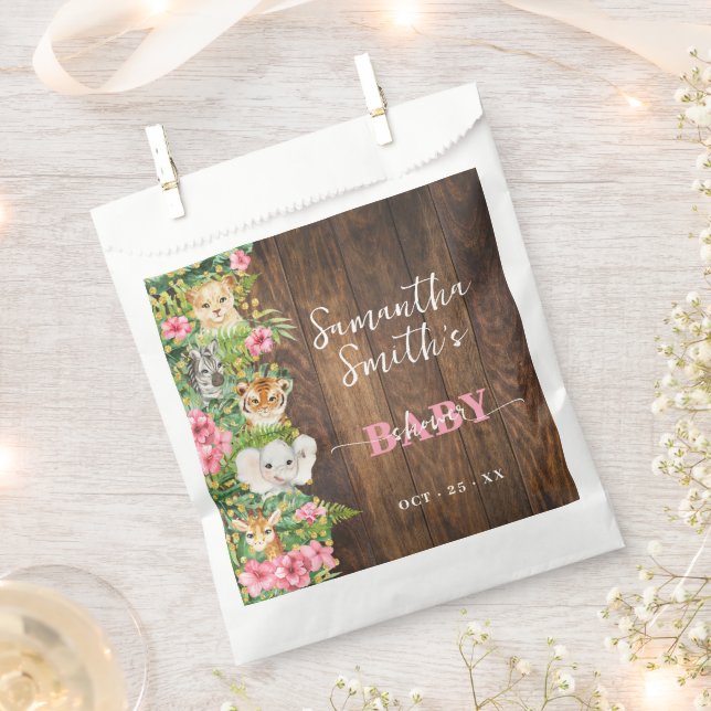 Sacolinha Safari Animals Pink Rustic Baby Shower Party (Cortado)