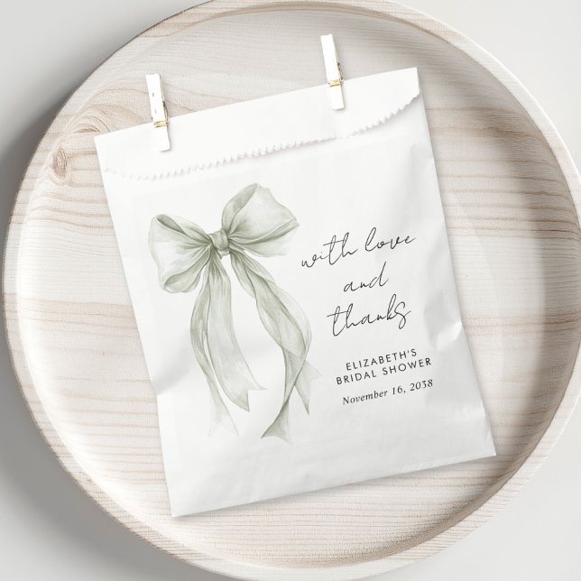 Sacolinha Sage Green Bow Watercolor Bridal Shower Thank You (Sage Green Bow Watercolor Bridal Shower Thank You Favor Bag)