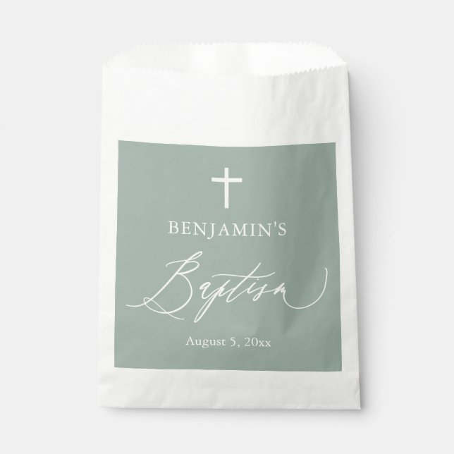 Sacolinha Sage Green Cross Boy Baptism Favor Bolsas (Frente)