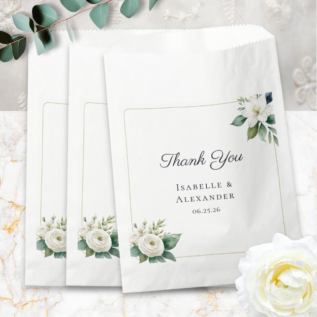 Sacolinha Simple Elegant Floral Personalized Wedding (Elegant wedding favor bags with classic white flowers, personalized with names and wedding date)