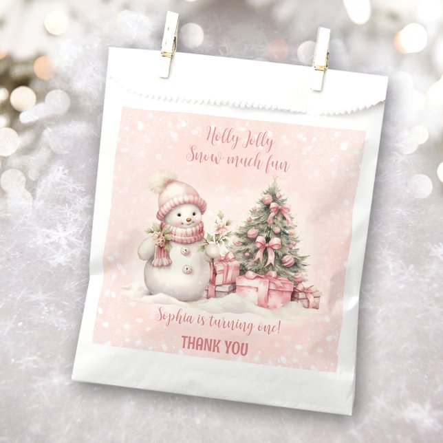 Sacolinha Snowman Rosa primeiro aniversario de Natal Favorit (Snowman Pink Christmas 1st Birthday Favor Bags)