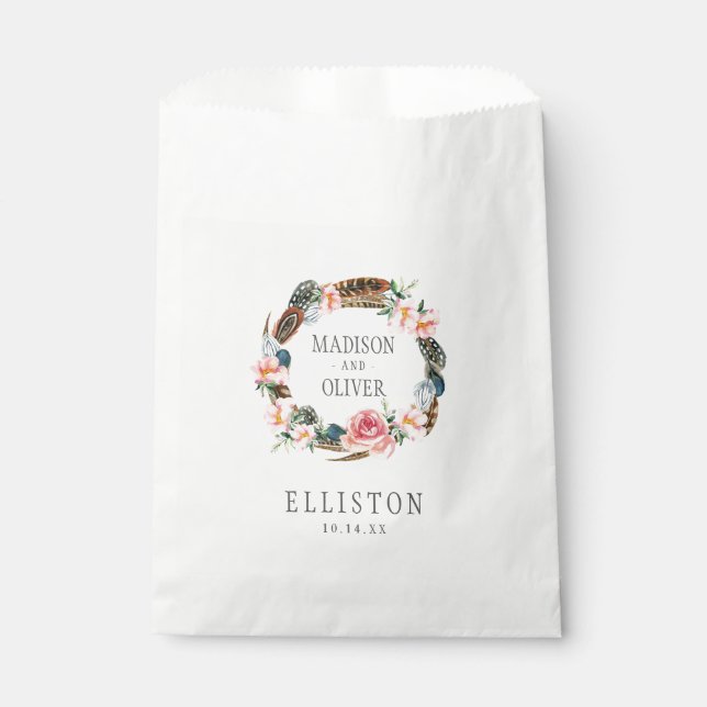 Sacolinha Solha Floral de Aquarela com Penas | Casamento (Frente)