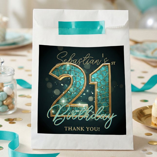 Sacolinha Stylish Teal Gold Mosaic Geometric 21st Birthday (Criador carregado)