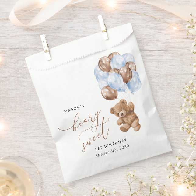 Sacolinha Teddy Bear, Balões Azuis, Primeiro Aniversário (Cortado)